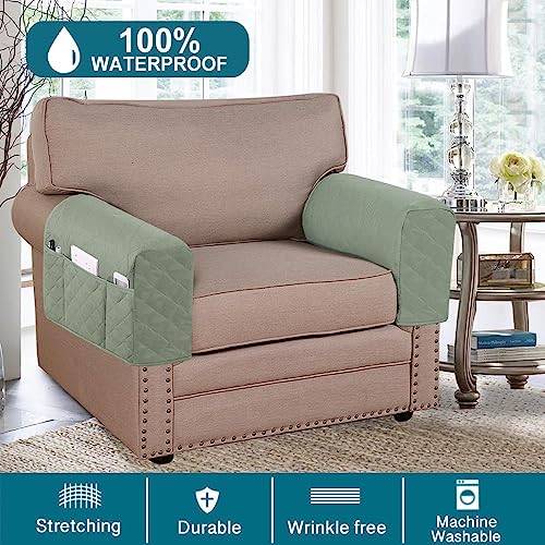 Turquoize 2 Pack Waterproof Armrest Covers for Chairs and Sofas - Couch Arm Covers with Side Pocket Anti-Slip Furniture Protector Washable Slipcovers Set of 2, Sage - color: Single Diamond- Sage