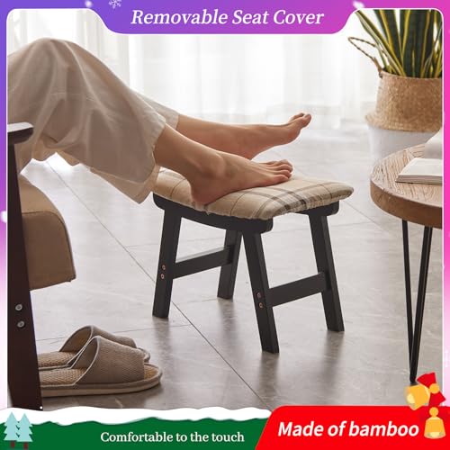 Kitsanery Foot Stool,Ottoman,Bamboo Small Sofa Foot Rest Under Desk,Extra Seating for Living Room, Bedroom and Kitchen (Black Stool Legs - Stripes Surface) - color: Black Stool Legs - Stripes Surface