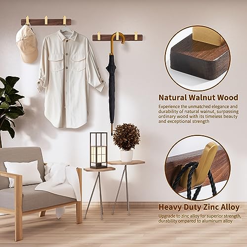 Wall Mounted Coat Rack, Entryway Hanging Coat Rack, Metal Wood Coat Rail with 3 Rustic Hooks Rail for Coat, Scarf, Bag, Towel, Key, Cap, Hat, Walnut Gold Matt - size: 3 Hooks - Curve Shape