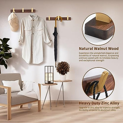 Wall Mounted Coat Rack, Entryway Hanging Coat Rack, Metal Wood Coat Rail with 3 Rustic Hooks Rail for Coat, Scarf, Bag, Towel, Key, Cap, Hat, Walnut Gold Matt - size: 3 Hooks - Curve Shape