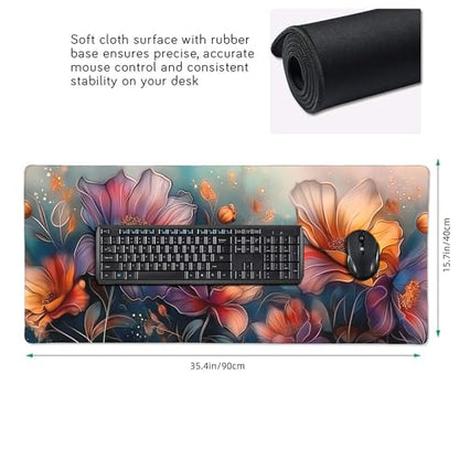 Extended Mouse Pad, Floral Design, Non-Slip Rubber Base, Rectangular Desk Mat for Gaming and Office, 35.4 x 15.7 Inches - color: Floral