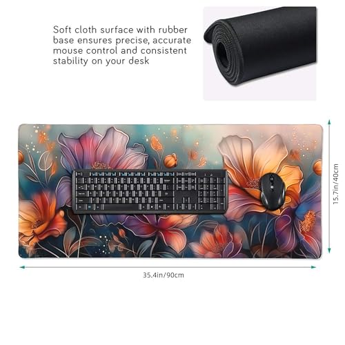 Extended Mouse Pad, Floral Design, Non-Slip Rubber Base, Rectangular Desk Mat for Gaming and Office, 35.4 x 15.7 Inches - color: Floral