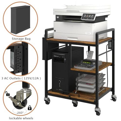 Sedegn Large Printer Stand with Wheels: Lockable Rolling Printer Cart | 24 x 18 Inch Top Fits Laser Printers Shredders and PC Towers 3-Outlet Power Strip and Storage Bag for Home Office (Brown) - color: Brown