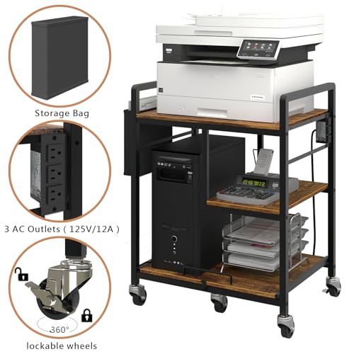 Sedegn Large Printer Stand with Wheels: Lockable Rolling Printer Cart | 24 x 18 Inch Top Fits Laser Printers Shredders and PC Towers 3-Outlet Power Strip and Storage Bag for Home Office (Brown) - color: Brown