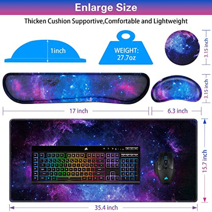 Canjoy Gaming Mouse Pad Set, 4-in-1 XXL Large Mouse Pad + Keyboard Wrist Rest Support+ Coaster, (35.4×15.7 in) Extended Desk Pad Memory Foam Non-Slip Desk Mat for Home Office - color: Blue Galaxy