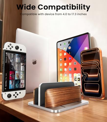 LOXP Vertical Laptop Stand, [Dual Slot Wooden + Aluminum Laptop Holder], Desktop Adjustable MacBook Stand, Adjustable Base, for MacBook Pro/Air, (up to 17.3-inch All laptops) - color: silver