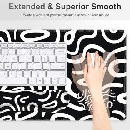 Large Gaming Mouse Pad Set, 4 in 1 Extended Keyboard Desk Mat with Wrist Rest, Computer Game Mousepad, Non-Slip Desk Pad Easy Typing Pain Relief for Home Office I Black White Topographic - color: Black White Topographic