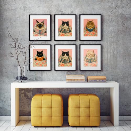 BIASDO Funny Cat Poster Set of 9, Vintage Style Canvas Animal Wall Art Prints, Cute Preppy Decor for Bedroom, Nursery, or Study Room, Cat Lover Gift, 8x10 Art Prints Unframed - style: Reading Cat Poster Set of 9
