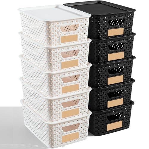 10 Pack Small Plastic Storage Bins with Lids, Stackable Plastic Storage Baskets for Organizing with Handles, Organizer Bins with Labels for Room, Craft, Containers for Pantry Organizers and Storage - color: White&Black