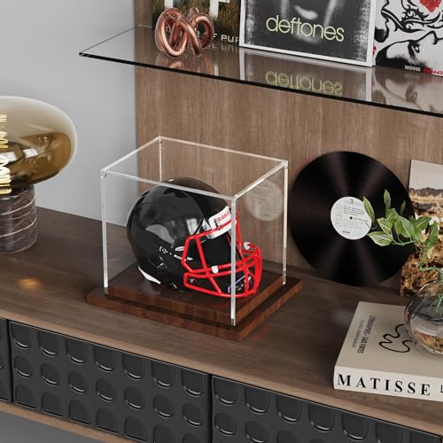VGMiu Mini Helmet Display Case with Wood Base, Clear Acrylic Football Helmet Display Case Dustproof Box for Helmets, Sports Collectibles, Memorabilia Displays - size: Mini Helmet Case
