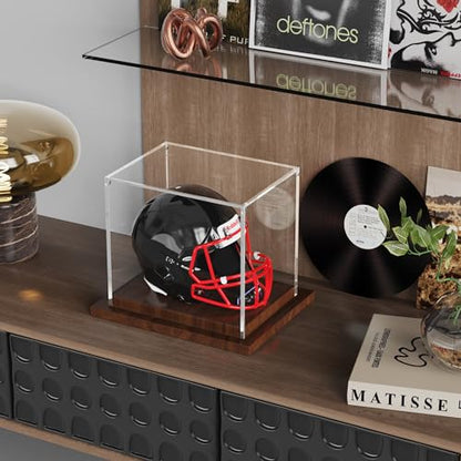 VGMiu Mini Helmet Display Case with Wood Base, Clear Acrylic Football Helmet Display Case Dustproof Box for Helmets, Sports Collectibles, Memorabilia Displays - size: Mini Helmet Case