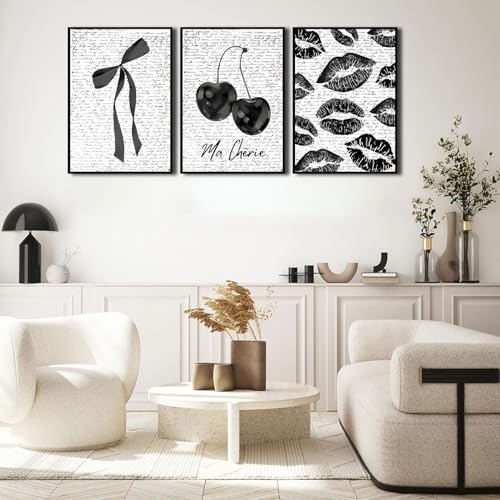 ZLSYQALW 3Pcs Fashion Black White Lips And Cherry Canvas Wall Art | Vintage Girl Funky Aesthetic Bow Wall Decor Ma Cherie Prints for Neutral Preppy Apartment Girl Room12x16in Unframed - color: poster, size: 12x16inx3pcs