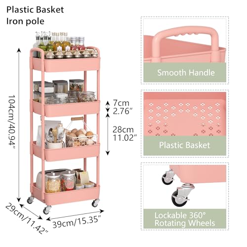 Sywhitta 4-Tier Plastic Rolling Utility Cart with Handle, Multi-Functional Storage Trolley for Office, Living Room, Kitchen, Movable Storage Organizer with Wheels, Pink - color: Pink, size: 4-tier