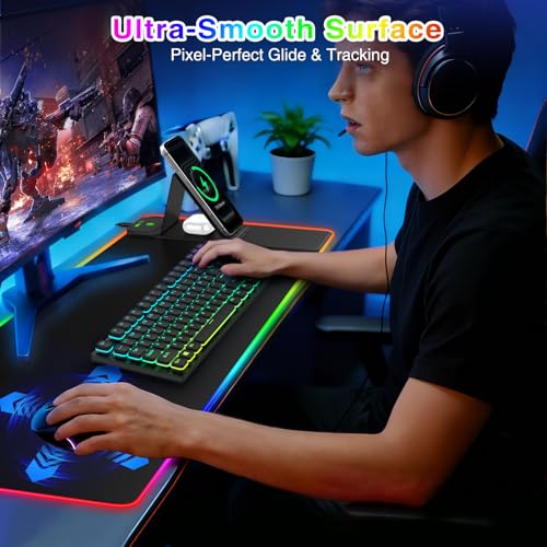 XXL RGB LED Gaming Mouse Pad with Magnetic Wireless Charging & Foldable Phone Holder, 31.5"x11.8" Extended Ultra-Smooth Desk Pad, 25 Lighting Effects, Non-Slip Base - color: RGB-31.5"x11.8"-Magnetic Stand-Right