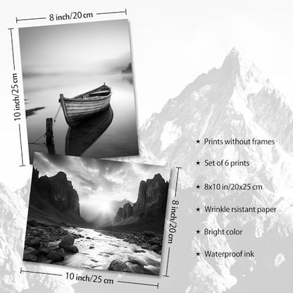 Dazzlewall Black and White Wall Decor Poster Modern Mountain Nature Landscapes Wall Poster for Bedroom Living Room Decor 8x10 in Unframed Set of 6