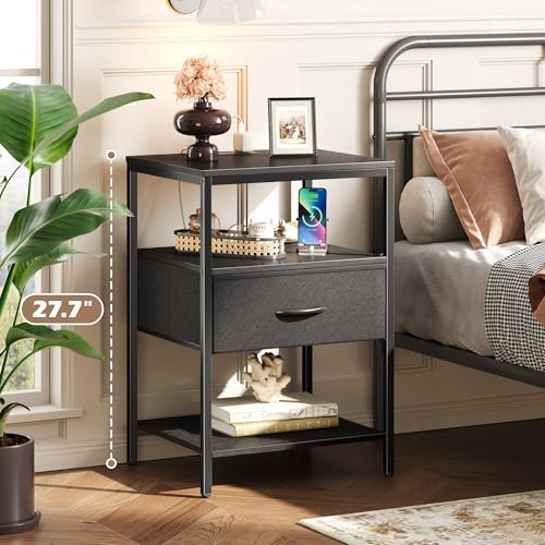 SUPERJARE Night Stand with Charger Station, 27.7 Inch Tall Nightstand with Adjustable Fabric Drawer, Bed Side Table, Fabric Drawer Dresser for Bedroom, Living Room, Black - color: Black, size: L (15.7"D x 17.7"W x 27.7"H)
