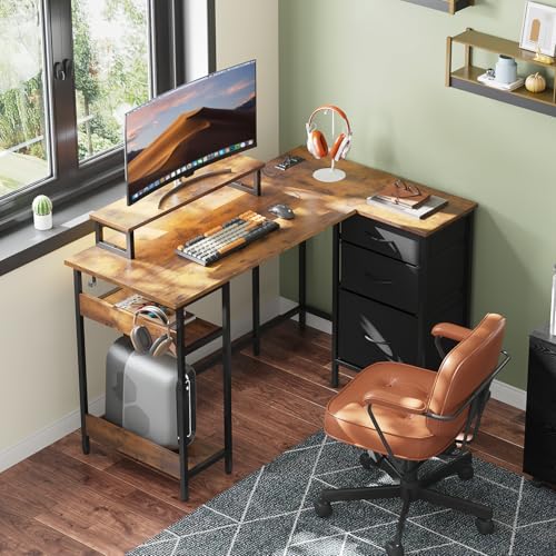 DEVAISE 48 Inch L Shaped Gaming Desk with Drawers and Storage, Corner Desk with LED Lights, Power Outlets, Computer Desk with Monitor Stand, Office Desk for Home, Rustic Brown - color: Rustic Brown, size: 48 Inch
