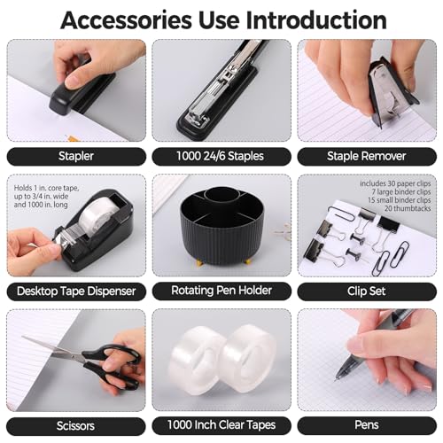SKYDUE Black Office Supplies, Black Office Desk Accessories 10PCS, Pencil Holder for Desk, Stapler, Tape Dispenser, Scissors, Ruler, Clips and 1000pcs Staples, Desk Supplies Set - color: Black