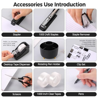 SKYDUE Black Office Supplies, Black Office Desk Accessories 10PCS, Pencil Holder for Desk, Stapler, Tape Dispenser, Scissors, Ruler, Clips and 1000pcs Staples, Desk Supplies Set - color: Black