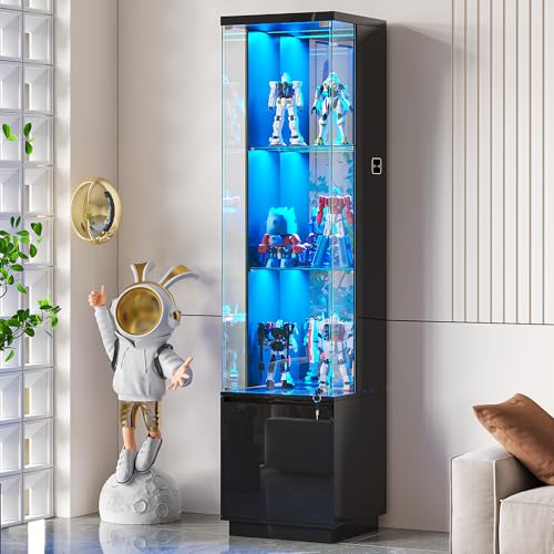Lvifur Lockable Curio Display Cabinet with Glass Door,65" Lighted Curio Cabinet with 3 Color Lights for Collectibles,3-Tier Glass Display Case with Human Body Sensor for Living Room,Black - color: Black-65"