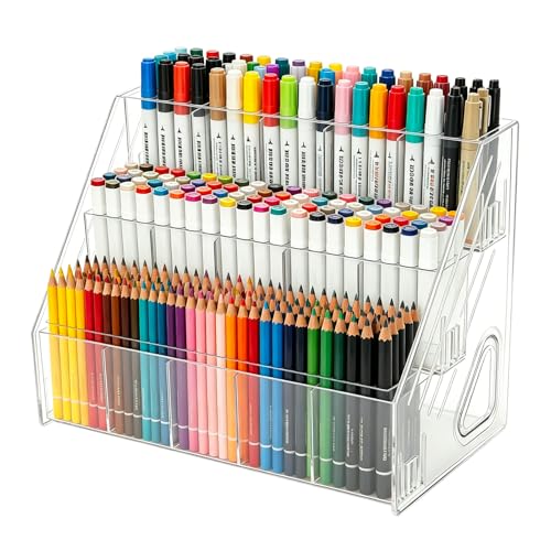 3-Tier Acrylic Desk Organizer, Multi-Slot Marker & Pen Storage Holder, Clear Vertical Desktop Stationery Rack for Small Art Supplies, Compact Office & Home Workspace Organizer - size: 3 Tier