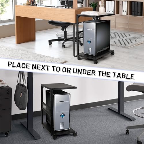 Bfttlity PC Stand Computer Tower Stand 2-Tier Metal CPU Holder with Locking Caster Wheels Suitable for Most PC (S, Black) - size: Small-Black