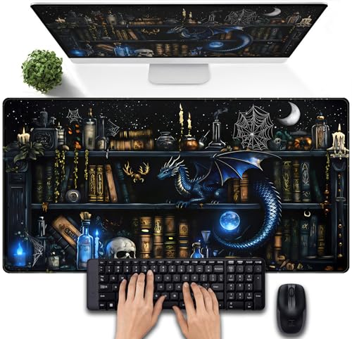 Dark Magic Desk Mat Large Mouse Pad Gaming Extended Mouse Mat, Blue Dragon Computer Keyboard Mat, Big Desk Pad Full Desktop Pad XXL, Anime Office Decor Personalized Desk Accessories 31.5x15.7 Inch - color: Fantasy Spellbook Library