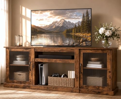 WLIVE Farmhouse TV Stand for 75 inch TV, Entertainment Center with Storage Cabinets, Mid Century Modern TV Console for Living Room, Bedroom, Rustic Brown - color: Rustic Brown, size: 70'' Farmhouse TV Stand