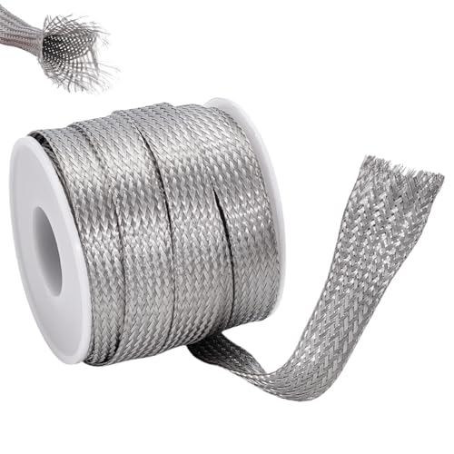 UNICRAFTALE 1/2 inch Wide Braided Sleeving Braid Stainless Steel Cable Wire Shielding Sleeve Ground Straps Protection Metal Mesh Flexible Expandable Scalable Ribbon Wire for Protect Cable 26 Feet - size: 8m x 12mm