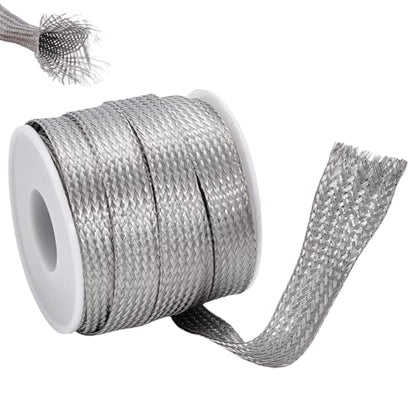 UNICRAFTALE 1/2 inch Wide Braided Sleeving Braid Stainless Steel Cable Wire Shielding Sleeve Ground Straps Protection Metal Mesh Flexible Expandable Scalable Ribbon Wire for Protect Cable 26 Feet - size: 8m x 12mm