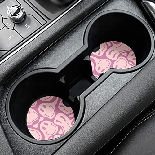 Car Coasters,Purple Smily Absorbent 2 Pack for Cup Holders with Finger Notch,2.56 inches Ceramics Heat Resistant Anti Slip Cork Base Car Drinks Coasters Auto Cup Holder(Pink Smily) - color: Pink Smiley Face