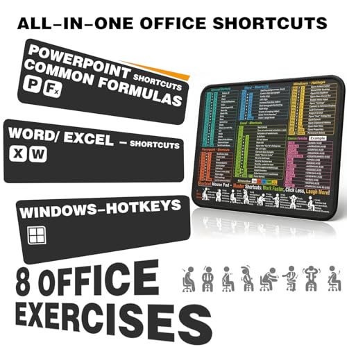 Mouse Pad for Excel/Word/PowerPoint/Windows Shortcuts, Excel Cheat Sheet Mousepad PC Desk Pad, Office Desk Accessories for Desk mat for Office, Gaming, Waterproof, Non-Slip, Stitched Edges - size: 11.8L x 9.8W inches