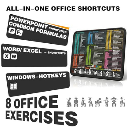 Mouse Pad for Excel/Word/PowerPoint/Windows Shortcuts, Excel Cheat Sheet Mousepad PC Desk Pad, Office Desk Accessories for Desk mat for Office, Gaming, Waterproof, Non-Slip, Stitched Edges - size: 11.8L x 9.8W inches
