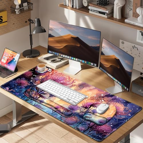 4 in 1 Large Mouse Pad, Keyboard Wrist Rest Set, Ergonomic Mouse Pad with Wrist Support, Desk Mat with Stitched Edges, Extended Desk Pad Waterproof Desk Mat for Home Office I Blossom Purple Flower - color: Blossom Purple Flower