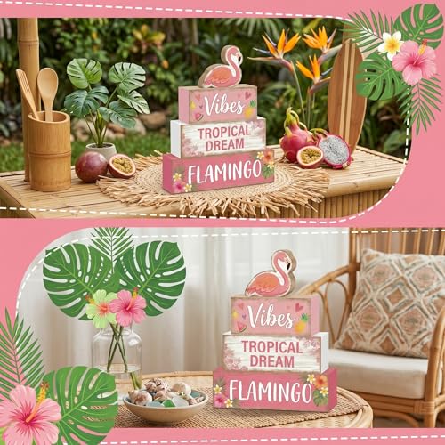 4 Pcs Summer Flamingo Room Table Decor Pink Flamingo Wooden Tiered Tray Decor Set Pink Tropical Summer Party Wooden Signs Shelf Sitter Pool Beach Theme Table Centerpieces for Home Decorations - style: Flamingo