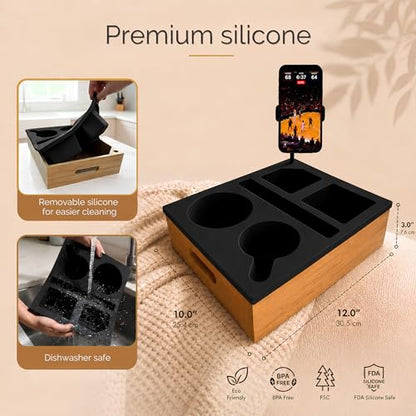 Couch Caddy with Cup Holder | Wood Couch Cup Holder Tray for Drinks, Snacks & Remotes | Sofa Couch Organizer with Phone & Cup Holder Tray (Black) - color: Black