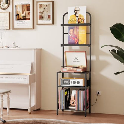 Homsorout Record Player Stand with Vinyl Storage - 5-Tier Turntable Table with Power Outlet, Adjustable Feet, Metal & Wood Cabinet - Console Organizer Display Shelf for Living Room, Apartment - style: Black With Socket