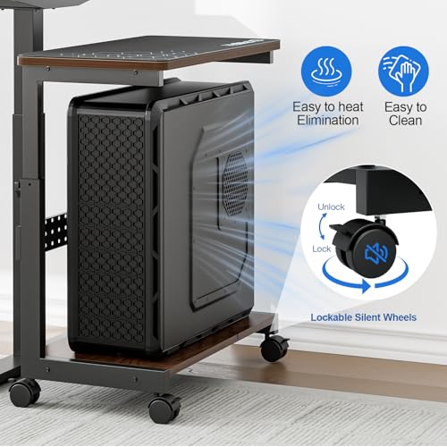 Height Adjustable Computer Tower Stand, 2-Tier ATX-Case CPU Holder with Mouse Pad & Headphone Stand, Mobile PC Standing Under Desk, Home Office Gaming Accessories, Computer Cart, Walnut - color: Walnut