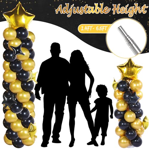 Gejoy 110 Pcs Black Gold Balloons Column Stand Kit Adjustable Tower Stand from 1.4 to 6.6 ft with Bases for Back to School Wedding Birthday Baby Shower Party - color: Black Gold