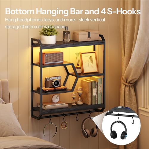 HOOBRO Gaming Floating Shelf with LED Lights, 27.5" LED Wall Mounted Shelf with Hanging Rod & 4 S-Hooks, 4-Tier Hanging Display Rack, for Living Room, Gaming Room, Black BB71DBJ01
