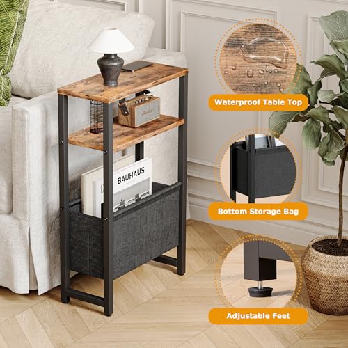 Narrow Side Table with Charging Station Slim End Table Sofa with Magazine Rack, Bedside Table for Small Spaces, 3 Tier Nightstand for Living Room Couch, Bedroom Rustic Brown LET503RE - color: Rustic Brown, style: With Charging Station