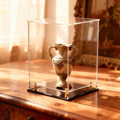 Acrylic Display Case for Collectibles, Dustproof Acrylic Box with Clear Display Elevation & Gold Risers, Large Display Case for Figures Toys Memorabilia, 7" L x 7" W x 11" H - size: 7"L x 7"W x 11"H