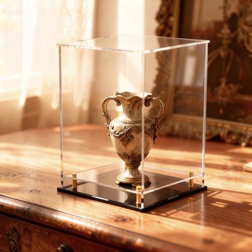 Acrylic Display Case for Collectibles, Dustproof Acrylic Box with Clear Display Elevation & Gold Risers, Large Display Case for Figures Toys Memorabilia, 10" L x 10" W x 14" H - size: 10"L x 10"W x 14"H