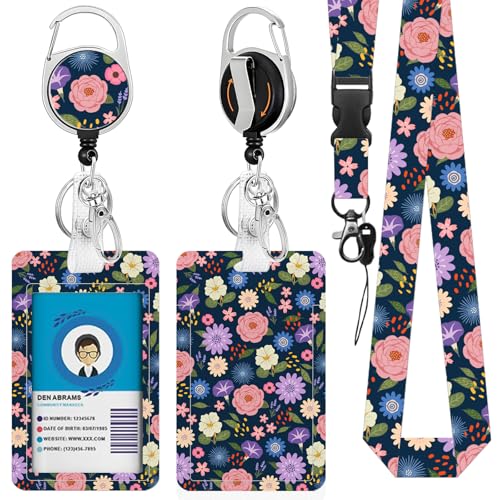 Flower Badge Holder with Lanyard, Beautiful Floral ID Badge Holder with Retractable Reel Clip and Keychain for Flowers Lover, Vertical Identity Card Cover Case Protector for Women Nurse Teacher - color: Flower-blue