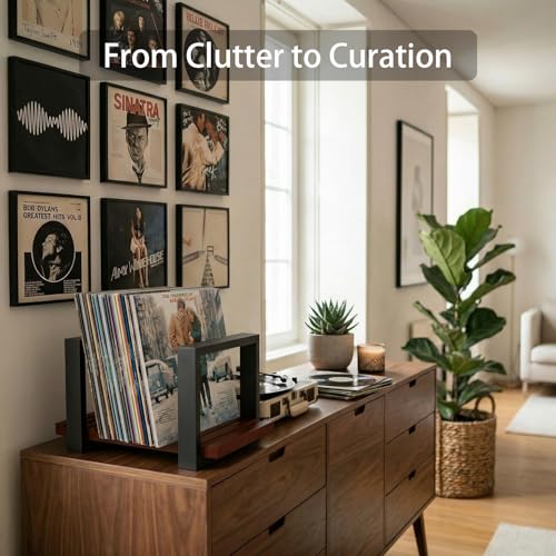 Vinyl Record Holder, Adjustable LP Storage Rack for 57 Records, Wooden Albums Holder with Grooved Base, Mid Century Modern Vinyl Record Display Stand for Player, Shelf & Home Decor - color: Dark Brown