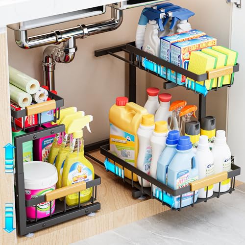 ADBIU Under Sink Organizer, 2 Pack 2 Tier Expandable Height (13.2" - 17.2") Pull out Kitchen Bathroom Cabinet Organizers and Storage Shelf - color: Black, size: Large Size