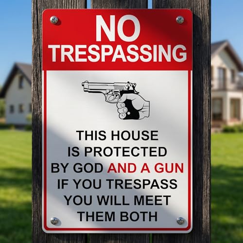 Vintage No Trespassing 12x8 Gun Sign Home Garage Man Cave Indoor Outdoor | aluminum panel,easy mount,weather resistant,gun fan mementos,secure yard accents,retro gun decor - color: White-C01, size: 12" x 8"
