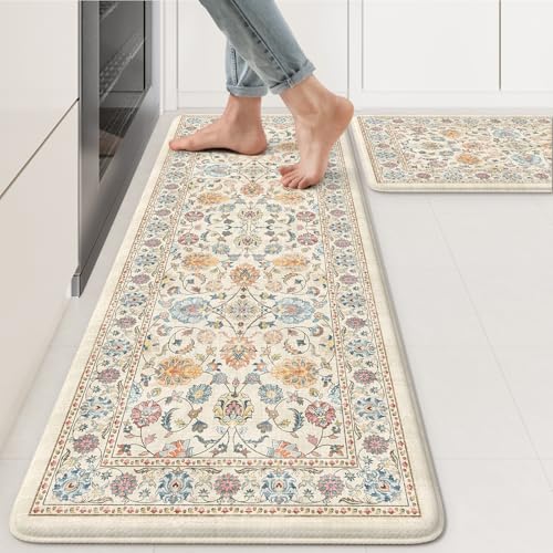 KIMODE Anti Fatigue Kitchen Mats for Floor, Boho Vintage Kitchen Rugs Sets of 2, Cream Colored Cushioned Kitchen Floor Mats, Comfort Standing Mat for Sink Laundry Office Desk 17"x47"+17"x29" - color: Cream Colored, size: 17.3" x 47"+17.3" x 29"--0.47 inch