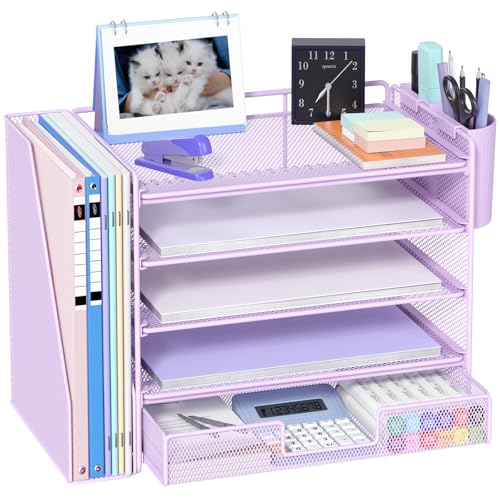 OPNICE Desk Organizer, 5-Tier Desktop File Organizer with Drawer and Pen Holders, Office Desk Accessories, File Sorters, Workspace Organizers for Office Supplies(Purple) - color: Purple, size: 5-tier