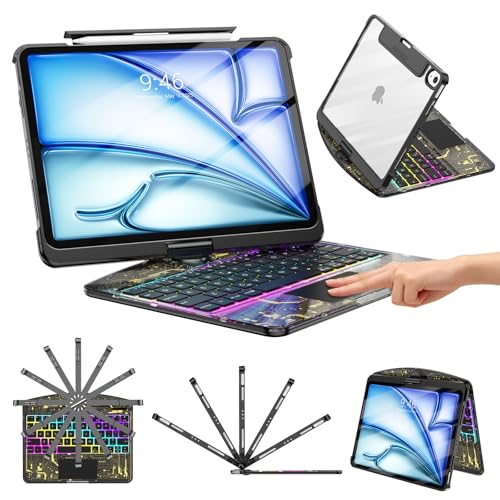 TSQQST Clear Keyboard Case for iPad Air 11 Inch (M4/M3/M2, 2026/2025/2024)/ iPad Air 5th/4th Generation 10.9" / iPad Pro 11" 1st/2nd/3rd/4th, Trackpad, Pencil Holder, 7-Color Backlit, Rotatable, Black - color: Clear+Black, size: Air11/10.9/Pro11 1/2/3/4
